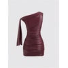 image:imageFloerns Womens Leather Off The Shoulder Mini Dress Knot Ruched Festival Concert Outfit Bodycon DressesBurgundy