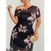 image:imageFloerns Womens Plus Size Floral Mesh Off The Shoulder Long Dress Short Sleeve Wedding Guest DressesBlack