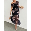image:imageFloerns Womens Plus Size Floral Mesh Off The Shoulder Long Dress Short Sleeve Wedding Guest DressesBlack
