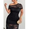 image:imageFloerns Womens Plus Size Floral Mesh Off The Shoulder Long Dress Short Sleeve Wedding Guest DressesBlack Ink