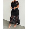 image:imageFloerns Womens Plus Size Floral Mesh Off The Shoulder Long Dress Short Sleeve Wedding Guest DressesBlack Ink