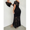 image:imageFloerns Womens Plus Size Floral Mesh Off The Shoulder Long Dress Short Sleeve Wedding Guest DressesBlack Ink