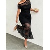 image:imageFloerns Womens Plus Size Floral Mesh Off The Shoulder Long Dress Short Sleeve Wedding Guest DressesBlack Ink