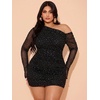 image:imageFloerns Womens Plus Size Off The Shoulder Mesh Long Sleeve Mini DressesBlack Sequin
