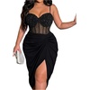 image:imageFloerns Womens Plus Size Rhinestone Mesh Corset Dress Ruched Bodycon Date Night Club Party Dresses Black XLarge Plus