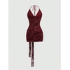 image:imageFloerns Womens Sexy Halter Draped Neck Ruched Tie Front Mini DressesBurgundy Floral Lace