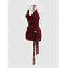 image:imageFloerns Womens Sexy Halter Draped Neck Ruched Tie Front Mini DressesBurgundy Floral Lace