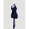 image:imageFloerns Womens Sexy Halter Draped Neck Ruched Tie Front Mini DressesDark Blue