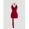 image:imageFloerns Womens Sexy Halter Draped Neck Ruched Tie Front Mini DressesDark Red