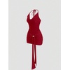 image:imageFloerns Womens Sexy Halter Draped Neck Ruched Tie Front Mini DressesDark Red