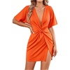 image:imageFloerns Womens Deep V Neck Twisted Plunging High Slit Mini Party DressOrange Solid