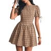 image:imageFloerns Womens Gingham Short Puff Sleeve Crew Neck Mini A Line DressBrown