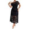 image:imageFloerns Womens Plus Size Floral Mesh Off The Shoulder Long Dress Short Sleeve Wedding Guest DressesBlack Ink