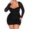 image:imageFloerns Womens Plus Size Sweetheart Neck Lace Trim Long Sleeve Mini DressBlack
