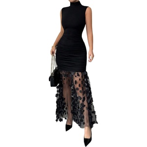 image:imageFloerns Women Enchanted Mock Neck Sheer Mesh Wedding Guest Maxi DressBlack Sheer Floral