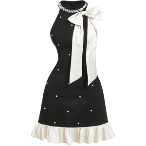 image:imageFloerns Womens Bowknot Halter Dress Pearl Ruffle Hem Party Mini DressesBlack