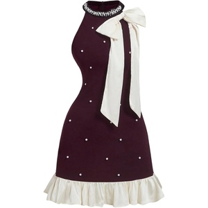 image:imageFloerns Womens Bowknot Halter Dress Pearl Ruffle Hem Party Mini DressesBurgundy