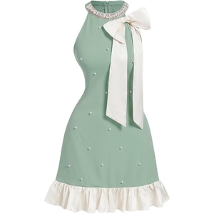 image:imageFloerns Womens Bowknot Halter Dress Pearl Ruffle Hem Party Mini DressesMint Green