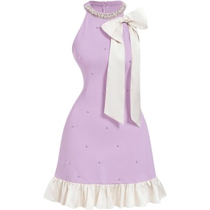 image:imageFloerns Womens Bowknot Halter Dress Pearl Ruffle Hem Party Mini DressesViolet Purple