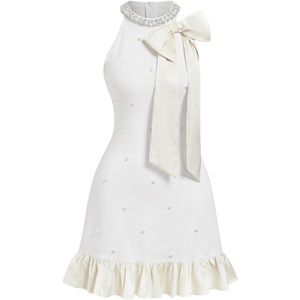 image:imageFloerns Womens Bowknot Halter Dress Pearl Ruffle Hem Party Mini DressesWhite