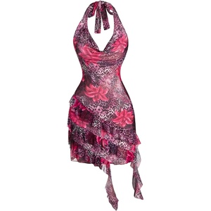 image:imageFloerns Womens Cheetah Draped Halter Mini Dress Tiered Ruffle Club OutfitsFloral Pink