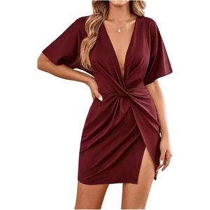 image:imageFloerns Womens Deep V Neck Twisted Plunging High Slit Mini Party DressBurgundy Brown