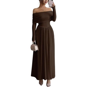 image:imageFloerns Womens Elegant Off The Shoulder Maxi Dress Long Sleeve A Line Formal Wedding Guest DressesBrown