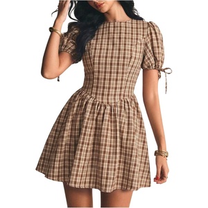 image:imageFloerns Womens Gingham Short Puff Sleeve Crew Neck Mini A Line DressBrown