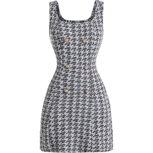 image:imageFloerns Womens Plaid Tweed Sleeveless Square Neck Elegant Work Mini DressBlack and White