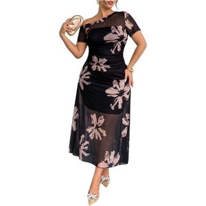 image:imageFloerns Womens Plus Size Floral Mesh Off The Shoulder Long Dress Short Sleeve Wedding Guest DressesBlack