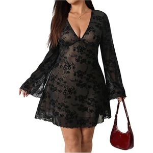 image:imageFloerns Womens Plus Size Floral V Neck Dress Long Sleeve A Line DressesBlack
