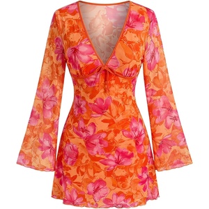 image:imageFloerns Womens Plus Size Floral V Neck Dress Long Sleeve A Line DressesOrange