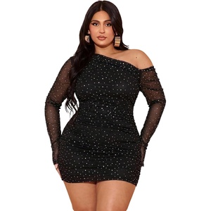 image:imageFloerns Womens Plus Size Off The Shoulder Mesh Long Sleeve Mini DressesBlack Sequin