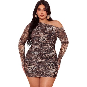 image:imageFloerns Womens Plus Size Off The Shoulder Mesh Long Sleeve Mini DressesBrown Leopard