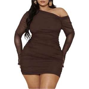 image:imageFloerns Womens Plus Size Off The Shoulder Mesh Long Sleeve Mini DressesCoffee Brown