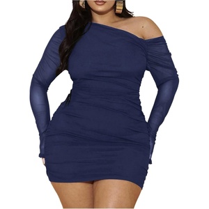 image:imageFloerns Womens Plus Size Off The Shoulder Mesh Long Sleeve Mini DressesDark Blue