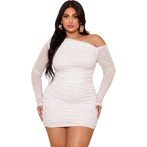 image:imageFloerns Womens Plus Size Off The Shoulder Mesh Long Sleeve Mini DressesWhite Sequin