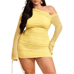 image:imageFloerns Womens Plus Size Off The Shoulder Mesh Long Sleeve Mini DressesYellow