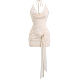 image:imageFloerns Womens Sexy Halter Draped Neck Ruched Tie Front Mini DressesApricot