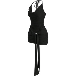 image:imageFloerns Womens Sexy Halter Draped Neck Ruched Tie Front Mini DressesBlack