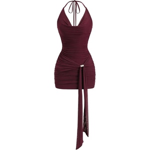 image:imageFloerns Womens Sexy Halter Draped Neck Ruched Tie Front Mini DressesBurgundy