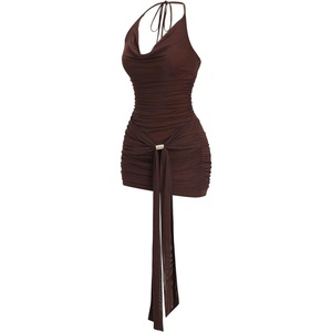 image:imageFloerns Womens Sexy Halter Draped Neck Ruched Tie Front Mini DressesCoffee Brown