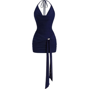 image:imageFloerns Womens Sexy Halter Draped Neck Ruched Tie Front Mini DressesDark Blue