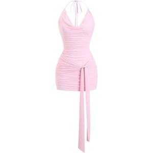 image:imageFloerns Womens Sexy Halter Draped Neck Ruched Tie Front Mini DressesPink