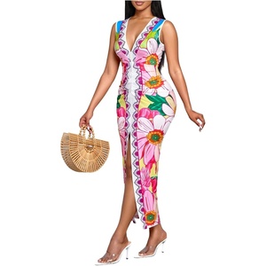 image:imageFloerns Womens Summer Floral Long Dress V Neck Sleeveless Split Beach Vacation Bodycon DressesPink