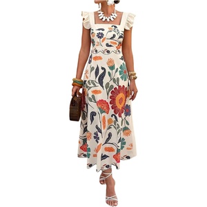 image:imageFloerns Womens Summer Tropical Floral Dresses Ruffle Cap Sleeve Smocked Vacation A Line Midi DressWhite Multi