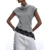 image:imageFloerns Womens Elegant Asymmetrical Lace Tops High Neck Houndstooth Dressy Casual Tank TopBlack and White