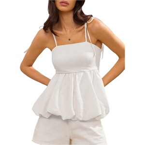 image:imageFloerns Womens Cute Bubble Hem Camisole Tie Shoulder Ruffle Cami Tank TopWhite