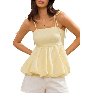 image:imageFloerns Womens Cute Bubble Hem Camisole Tie Shoulder Ruffle Cami Tank TopYellow