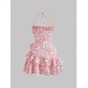 image:imageFloerns Womens Floral Halter Ruffle Tiered Cute Summer Mini DressRed and White